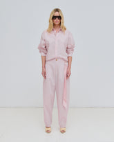 PHEBE - SILK SCARF ADORNED LIGHT COTTON POPELINE WIDE-LEG PANTS