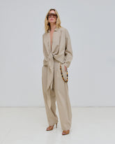 PHEBE - CHAIN ADORNED LIGHT COTTON POPELINE WIDE-LEG PANTS
