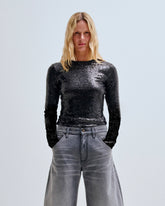 CAMREN - PAILLETTES SLIM-FIT LONG SLEEVE CREWNECK TOP