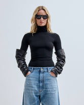 CAMIE - SLIM FIT TOP WITH DETACHABLE GATHERED LEATHER SLEEVES