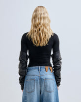 CAMIE - SLIM FIT TOP WITH DETACHABLE GATHERED LEATHER SLEEVES